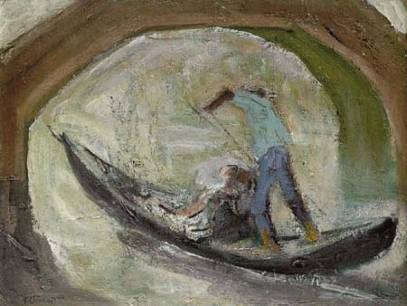 In gondola, 1968, olio su cartone telato, cm 30x40, Napoli, collezione Pelella